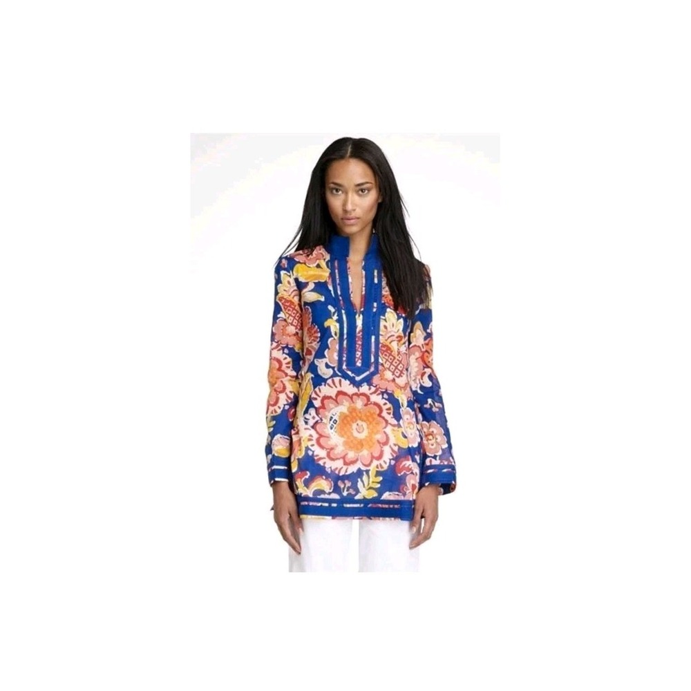 Tory Burch Wildflower Print Floral Tunic Multicolor Size 6‎ Side Zip Pullover